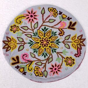 Karma Living Round Floral Crewel Embroidered Pillow Cover Grey Boho 16 inch